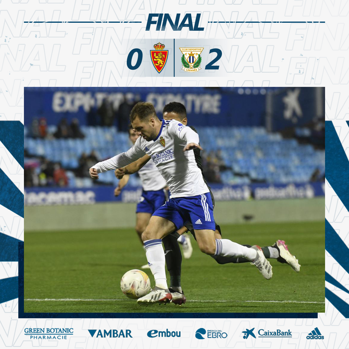 RealZaragoza's tweet photo. 94' | 0-2 | FINAL. Derrota del #RealZaragoza en La Romareda

#RealZaragozaLeganés 
#VamosRZ 🔵⚪🦁 https://t.co/iSaGkVmtFq