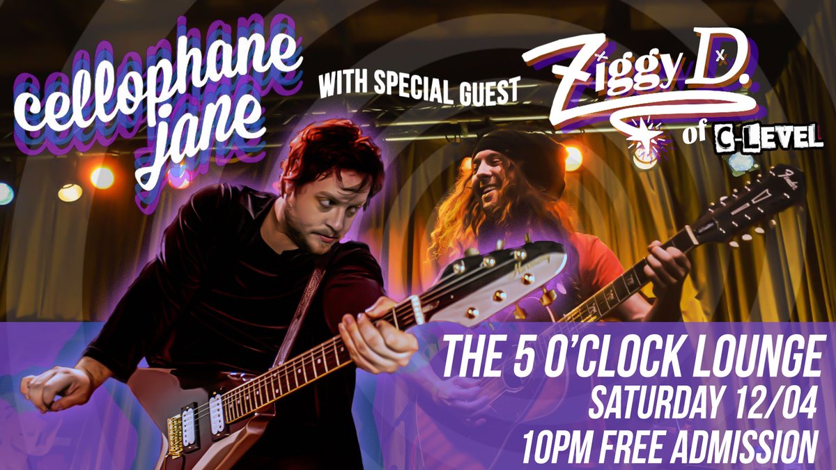Cellophane_Jane's tweet photo. Join us for an evening of maximum rock! 
12/04 10 PM at the 5 O' Clock Lounge 

#cellophanejane #ziggyd #rocknroll #hilofi #clemusic #neorocks #flamingorock https://t.co/IH0h4LHUgU