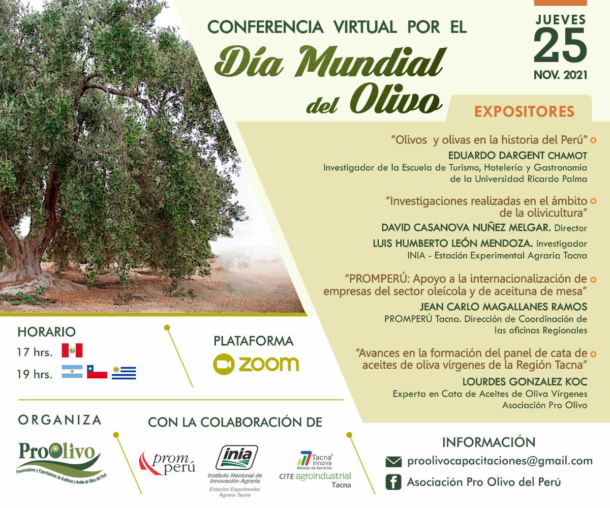 OlivoPro's tweet photo. Conferencia virtual por el #DíaMundialdelOlivo.
Jueves 25 de Noviembre del 2021
17:00 horas 🇵🇪
Vía ZOOM.
➡️Inscripciones: https://t.co/2oxUlIOMJD
#AceiteDeOliva  #AceiteDeOlivaVirgenExtra #EVOO #AOVE #Aceituna  #Olivo #DiaMundialDelOlivo https://t.co/dhLNHqLEQx