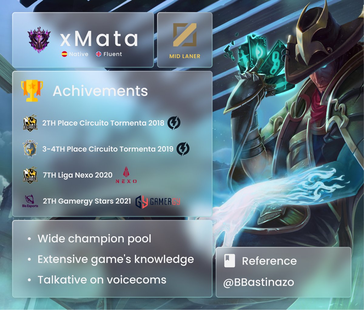 I'm still contracted with <a href="/BisEsports/">Bis Esports</a> but they have allowed me to explore other options. 
References: <a href="/BBastinazo/">Jorge "Bastinazo" Madrid</a> 
📩Contact via : Twitter MD 
🔁Appreciated