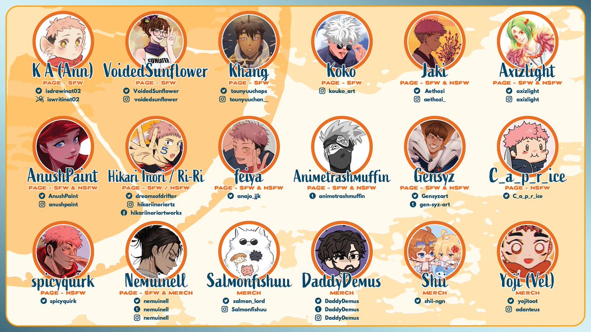 allyuujizine's tweet photo. 🍊 Contributor Lineup 🍊

Please give a warm welcome to the awesome team of creators, working hard to bring this Yuuji zine to life!

The team are thrilled to have so many incredible writers and artists on board, and hope that you’re just as excited as we are 🙌 https://t.co/mwaENjaXCq