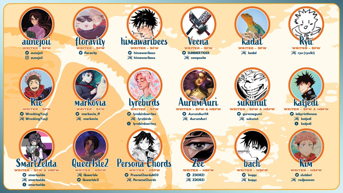 allyuujizine's tweet photo. 🍊 Contributor Lineup 🍊

Please give a warm welcome to the awesome team of creators, working hard to bring this Yuuji zine to life!

The team are thrilled to have so many incredible writers and artists on board, and hope that you’re just as excited as we are 🙌 https://t.co/mwaENjaXCq