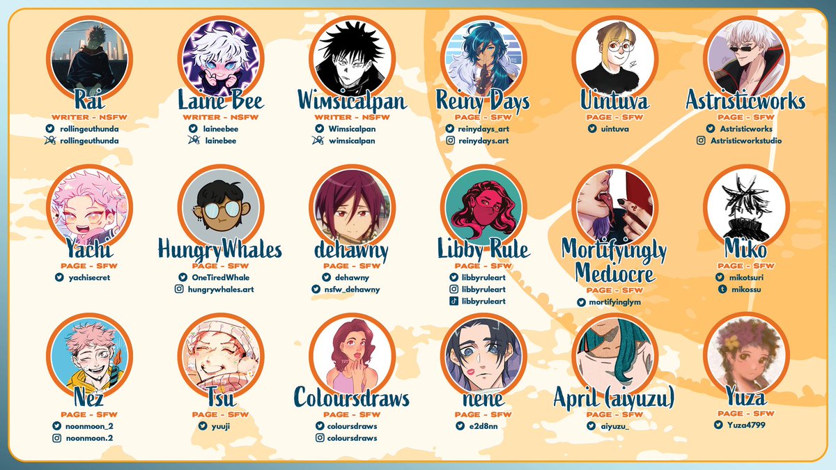 allyuujizine's tweet photo. 🍊 Contributor Lineup 🍊

Please give a warm welcome to the awesome team of creators, working hard to bring this Yuuji zine to life!

The team are thrilled to have so many incredible writers and artists on board, and hope that you’re just as excited as we are 🙌 https://t.co/mwaENjaXCq