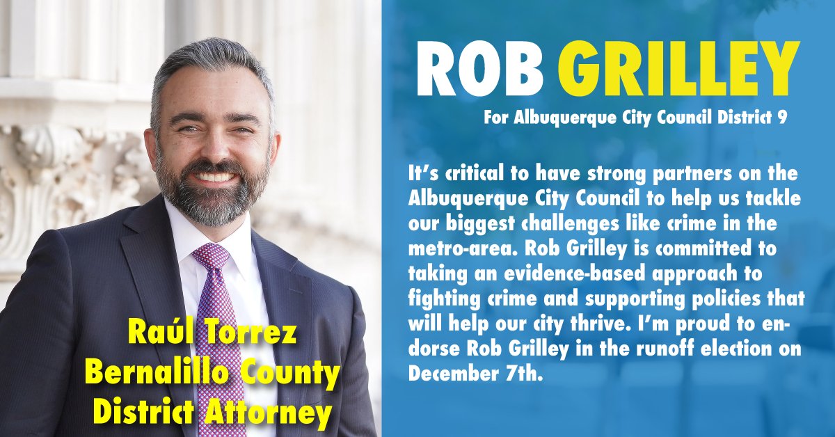 Rob4ABQ's tweet photo. One of the first steps to fighting crime in Albuquerque is to improve partnerships between law enforcement and our criminal justice system to better target the revolving door of repeat offenders. I look forward to working with @TorrezforNM  to address crime in Albuquerque! https://t.co/oTZlrWanAG