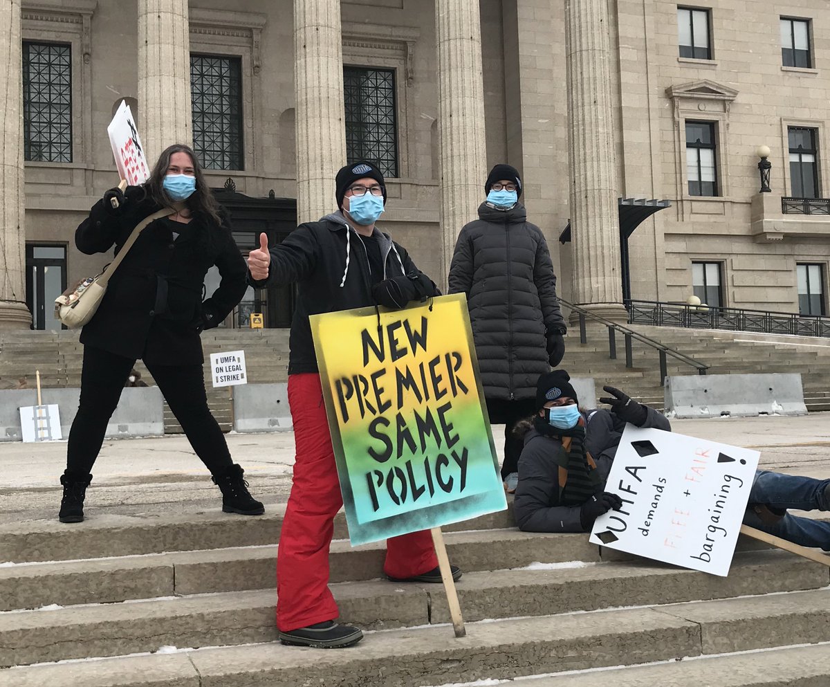 jwhajer's tweet photo. Uplifting picket and chatter today at legislature, holding the line with colleagues @Librarian_M @SeancBuchanan @sevcooper. @UMFA_FAUM members in good spirits and proud of amazing solidarity so far. Misleading comms by @umanitoba only strengthening resolve. #umfaSTRONG  #umfa2021 https://t.co/r2hLqegpI2