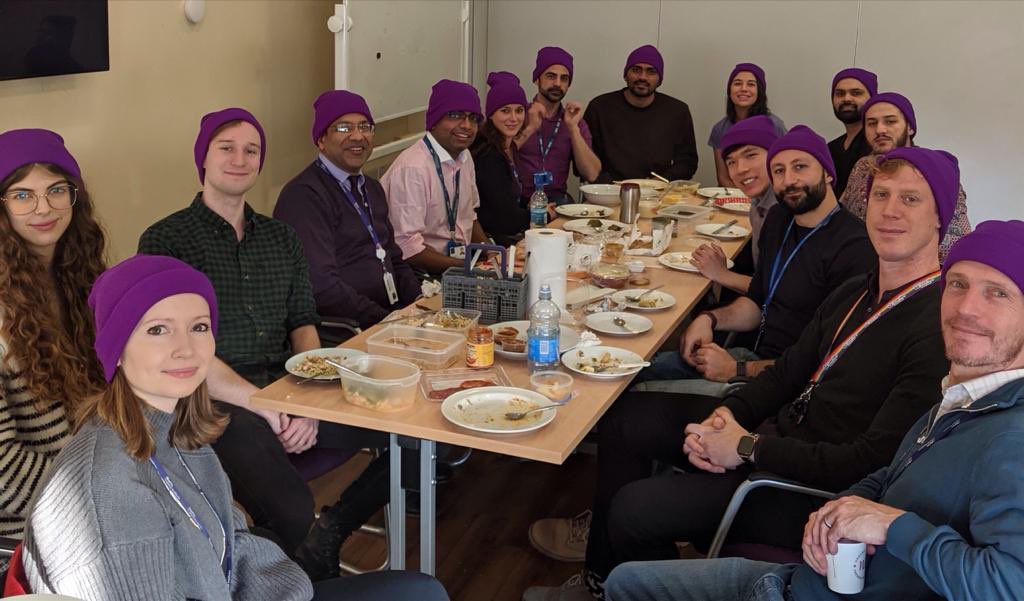A great way to raise #pancreaticcancer #awareness by getting scientific and clinical researchers to gather together and get their #pancreatic juices flowing with international cuisine and adorning their thinking juices with #purplebeanies. 
#purplehatlunch.