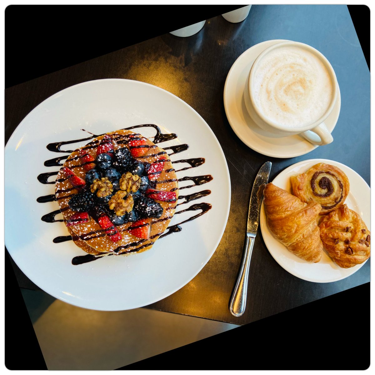 We are living for this fabulous view and hot breakfast on these cold Vancouver days. Come Join us for breakfast at Mosaic Grille from 7:00 AM to 11:00 Am every day, and enjoy some of our chefs delicacies like these Traditional Pancakes, fresh pastries and a hot cup of Latte.