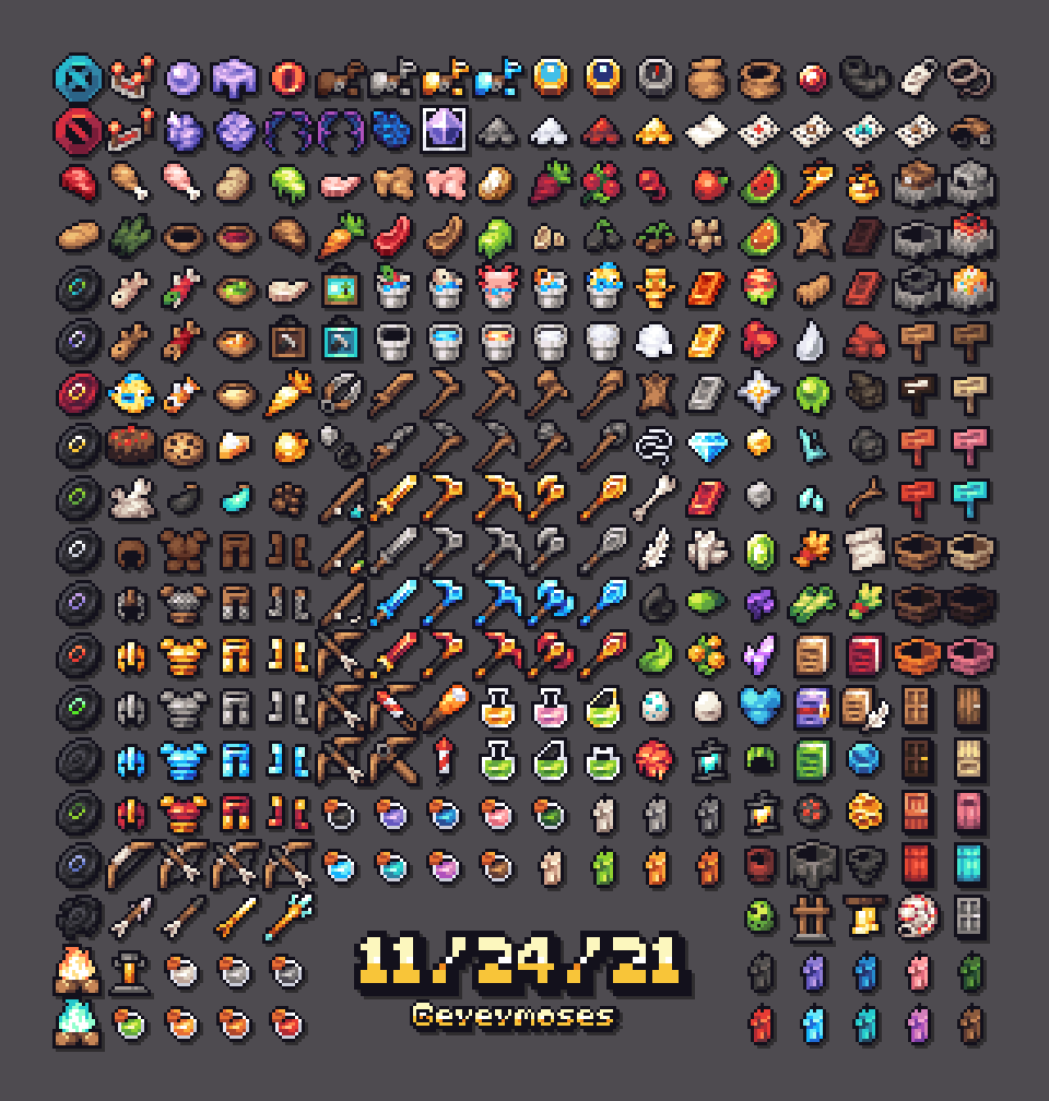 the release day for cascade is... this wednesday!!!

when it releases feel free to join my discord and tell me mistakes you find and ill be updating cascade a load!! (link in bio)

 heres the most up to date version of all the items :)
#pixelart #minecraft #aseprite #resourcepack