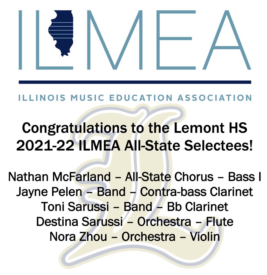 The Music Department Staff are SUPER proud of the students slated to represent Lemont at the ILMEA All-State Festival in January. Kudos to Nathan, Jayne, Toni, Destina, and Nora. #WeAreLemont