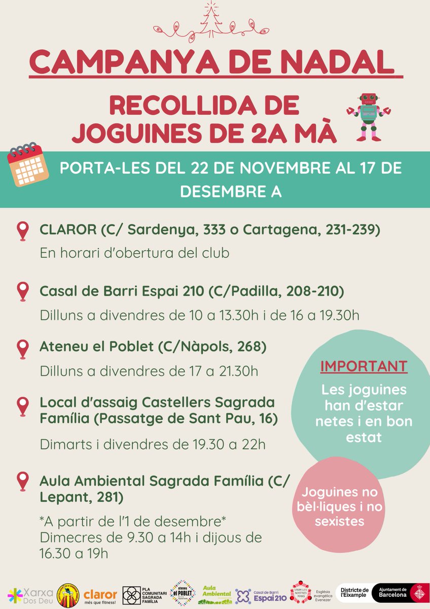 A partir d'avui estem duent a terme recollida de joguines de segona mà

En la imatge hi trobareu la informació i llocs on poder portar-les.

Moltes gràcies a tothom 💚💚

<a href="/AteneuElPoblet/">Ateneu El Poblet</a>
@clubsclaror 
<a href="/CastellersSAFA/">Castellers de SaFa</a> 
#Espai210

A partir de l'1 de desembre
@AulaAmbiental