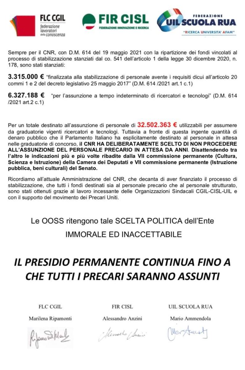 PrecariUnitiCNR's tweet photo. #22novembre il #CNR ha emesso una nota stampa per far fronte al clamore mediatico suscitato dal #presidio permanente della sede centrale da parte di #CGIL #CISL #Uil con i #lavoratori #precari. Ecco la replica immediata.
https://t.co/GxuO7LUMrN
#bastaprecariatodistato #occupycnr https://t.co/oBb1DRtLbY