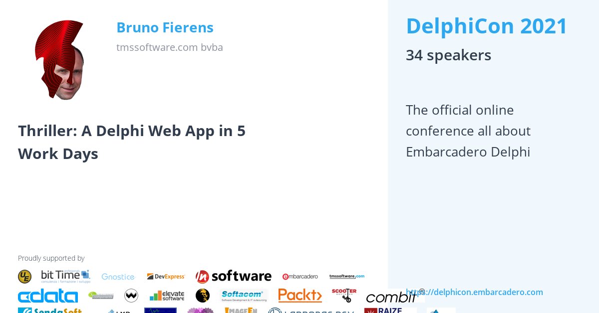 EmbarcaderoTech's tweet image. Do you want to learn how to use #Delphi to create the front-end and back-end, from concept to delivery? Watch this replay from the #DelphiCon2021 &quot;Thriller: A Delphi Web App in 5 Work Days&quot; here: embt.co/3HJWmVe #developers #programming @BrunoFierens @TMSsoftwareNews