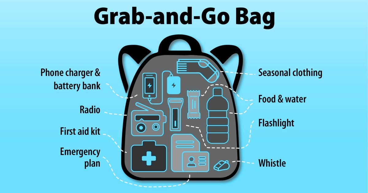 PreparedBC's tweet photo. During a #BCFlood, you may need to leave quickly. Take time to build grab &amp; go bags for each member of your household. If possible, have a set at home &amp; a set for your vehicle. 

Get our list:  https://t.co/tp5ZJOndpk https://t.co/01GtxfO9fw