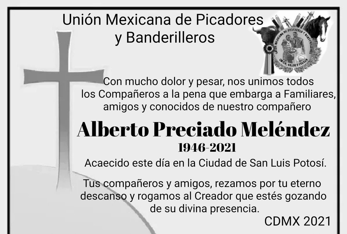UMPyB's tweet photo. Maestro y amigo:

Tu partida nos duele y cala en cada uno de los que tuvimos la oportunidad de conocerte, admirarte y aprender de ti.

Descansa en paz y cuida de todos nosotros en cada tarde de Toros.

#UnionValoryFuerza https://t.co/shbSbX4jE2
