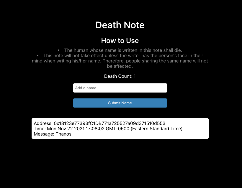 _annezhou's tweet photo. Had a blast working on my first web3 project with 
@_buildspace
 building a Death Note clone dApp: https://t.co/NAZqvuOVkZ ☠️💀

Amazing documentation and videos to follow along, thanks 
@FarzaTV
 and team! https://t.co/bURrDE5nVL