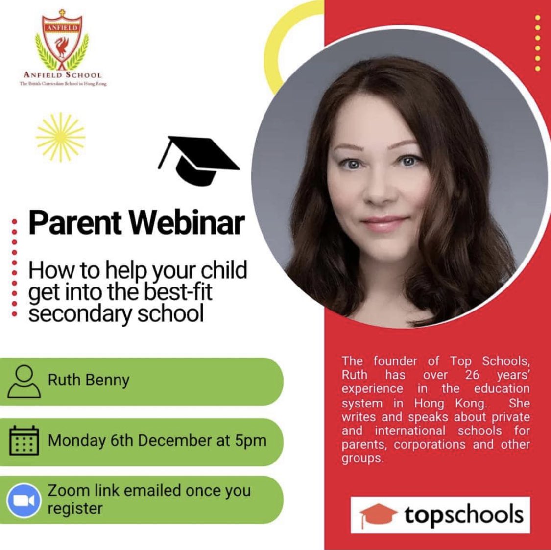 We are delighted that <a href="/RuthBenny/">Ruth Benny</a> from <a href="/topschoolshk/">topschools</a> will lead a webinar for our #AnfieldSchoolHK parents on applying to high schools for their child. Sign up using the link emailed you on our Anfield app #EducatingHeartsAndMinds #HongKongSchools #InternationalSchoolHK