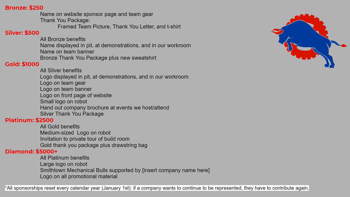 Please consider sponsoring our team this season! Please send all questions and inquiries to sponsor@smithtownrobotics.com
