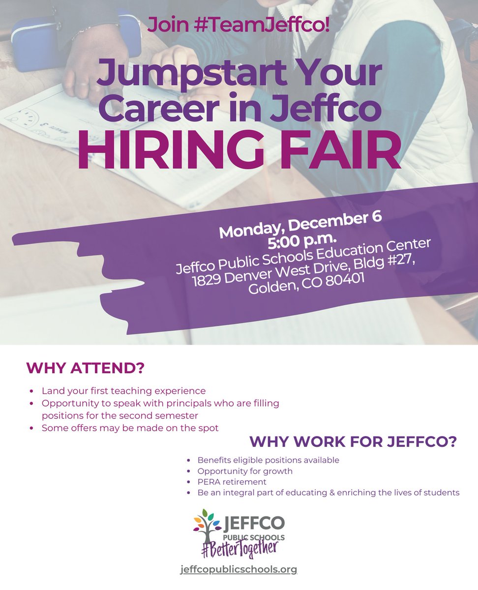 You have an opportunity to speak with principals who are filling positions for the second semester! join #teamjeffco #applytoday