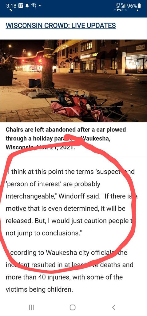 cece_scurlock's tweet photo. "Wait, "...NOT jump to conclusions"???  The dude mowed 50 people over, for Christ's sake.  What is it about his identity that the cops aren't clear on?  If this had been a white guy, like Kyle Rittenhouse,  the media would be all over it.  So tired of the racial double standard. https://t.co/yR0juHNsZB