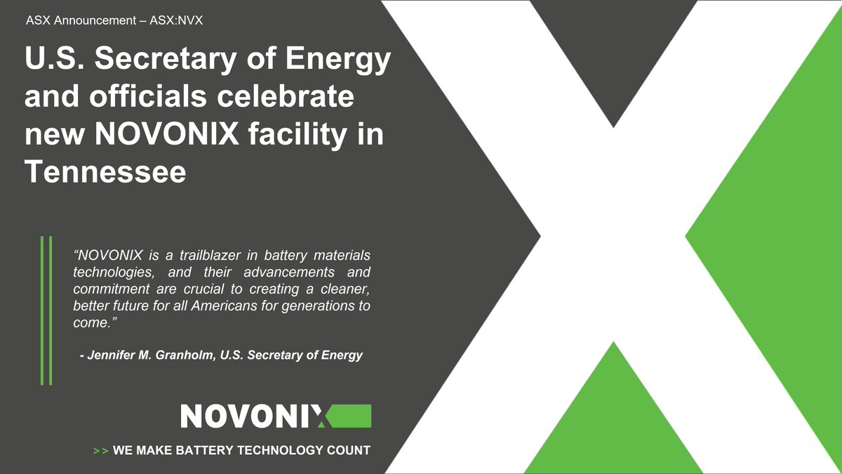 Today, U.S. Secretary of Energy Jennifer M. Granholm, and officials, celebrated our new facility in Chattanooga, Tenn., where we will produce high-capacity long-life synthetic graphite anode material.
hubs.li/H0_DTpJ0
$NVX $NVNXF #novonix #cleanenergy #sustainability #ESS
