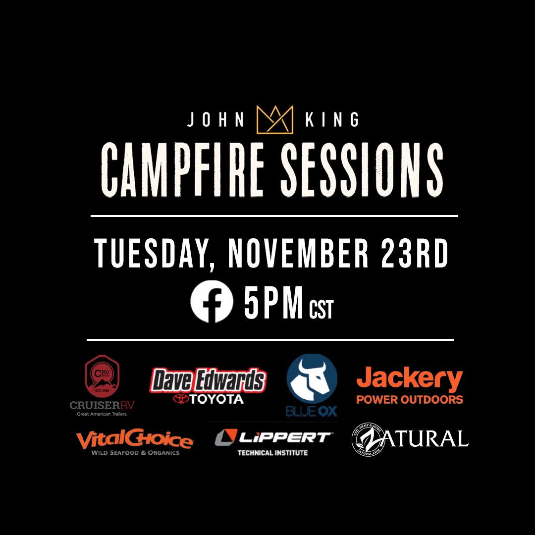 johnkingcountry's tweet photo. Singing a song I wrote for my girls to my girls around the campfire tomorrow at 5pm cst.. donβt get no better than that! See yβall there π₯ #campfiresession #sponsored @jackeryinc @BlueOxProducts @ZaturalHemp @vitalchoice https://t.co/BKN5m2W21A