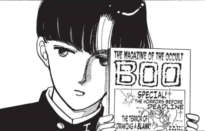me when i ominously reveal a magazine of the occult titled BOO, in a cover where the mangaka who draws me inserts the horror she faces as creator of a back-then currently serialized comic 