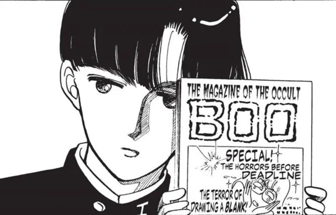 me when i ominously reveal a magazine of the occult titled BOO, in a cover where the mangaka who draws me inserts the horror she faces as creator of a back-then currently serialized comic 