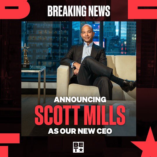 BET's tweet photo. BREAKING: ViacomCBS (NASDAQ: VIAC, VIACA) today has announced that Scott M. Mills has been promoted to Chief Executive Officer of BET, the nation's leading provider of quality content from Black creators! https://t.co/n9VxzdsnGl