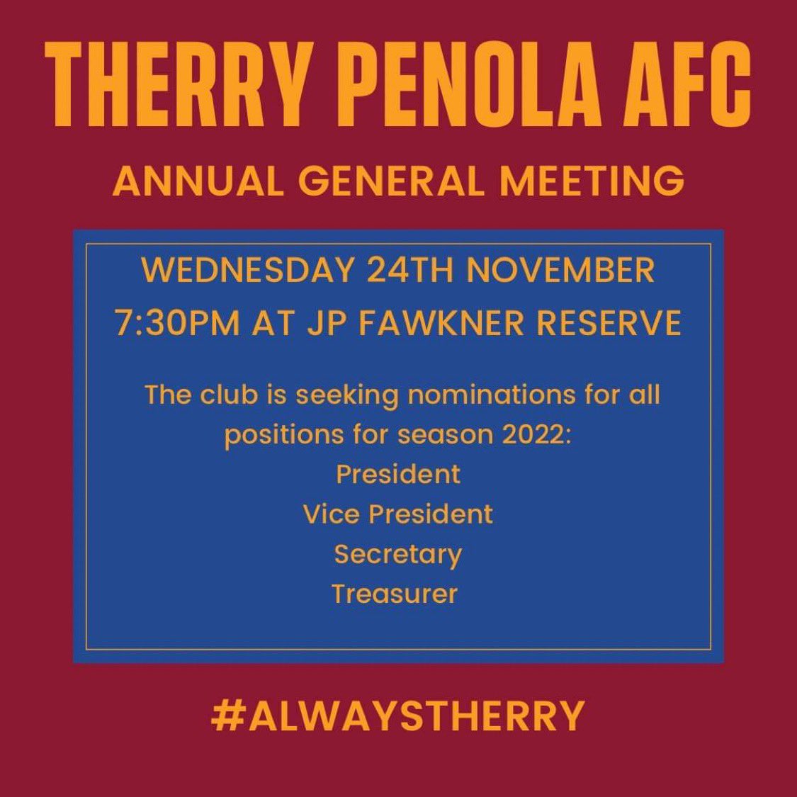 A reminder that our AGM will be held tomorrow night at JP Fawkner Reserve following the conclusion of training #alwaystherry