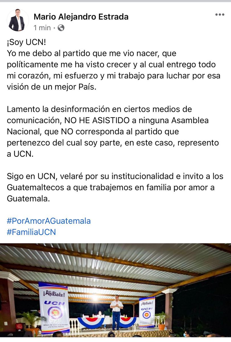 MarioEstradaJr's tweet photo. ⚠️⚠️ POSTURA PERSONAL ⚠️⚠️
Ante varias notas en medios de comunicación, hago saber mi posición. 

NO he asistido a ninguna Asamblea que no corresponda a la Institución Política que represento. Soy UCN! 👍🏻

#PorAmorAGuatemala 
#FamiliaUCN https://t.co/TxEXXBKPcx