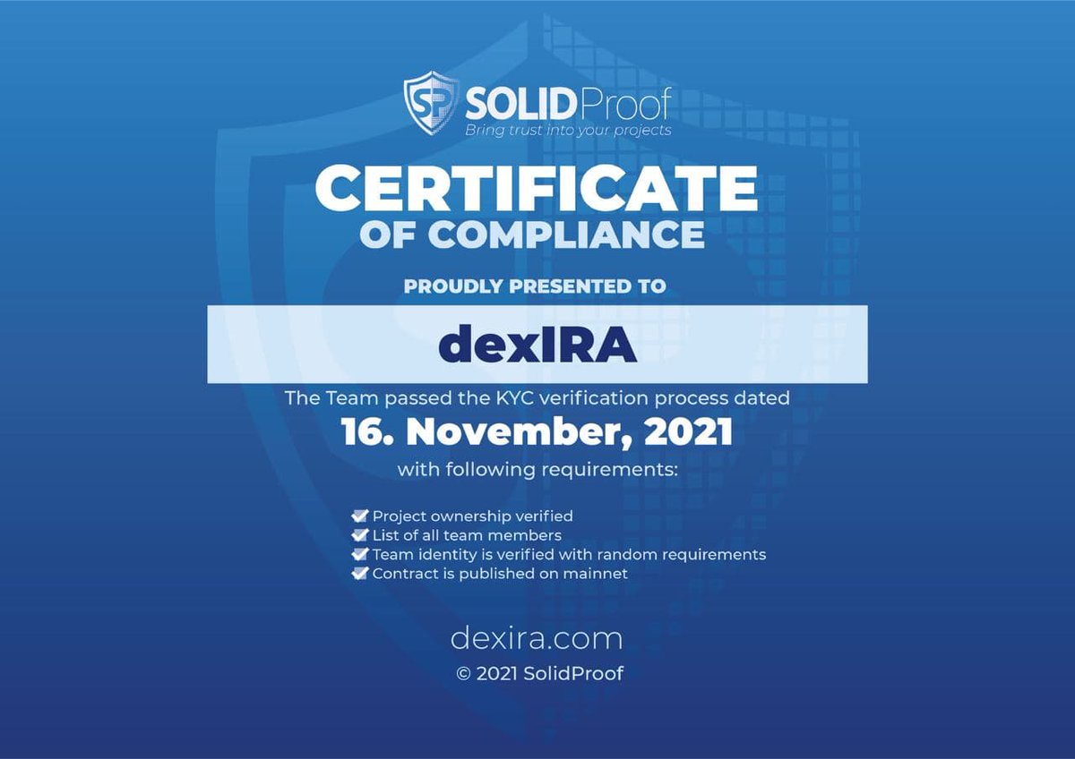 DexFinance's tweet photo. We're proud to announce that the dexIRA team has successfully performed a rigorous third party KYC process. 

Thanks to the gentlemen over at @SolidProof_io for getting to know us!

With the DEX Expansion development starting to ramp up, you can rest easier!

#accountability https://t.co/BeUSTjGpRu