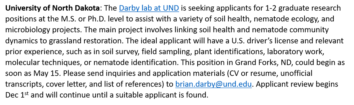 BrianDarbyLab's tweet photo. I am again looking to recruit students for 1-2 graduate research positions at the M.S. or Ph.D. level in #soilhealth and #nematodes related to grassland restoration, but would also be open to those interested in #microbiology and #protozoans. Let me know if you're interested! https://t.co/hvlQuJMRNx
