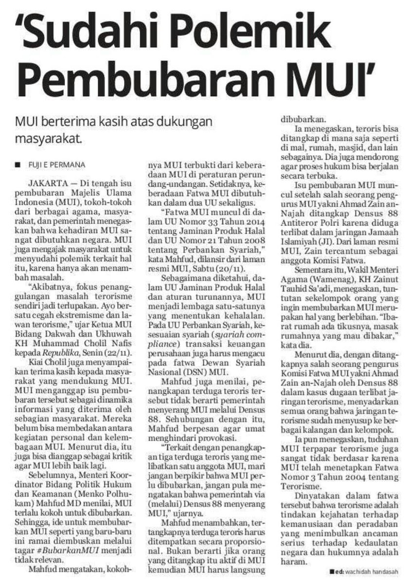 Semua ada hikmahnya. Sudahi polemik penangkapan 3 terduga teroris yang merembet ke MUI. Semua sdh tahu persis posisi terduga dan posisi MUI. 
.
Selanjutnya ayo pastikan diri kita dan lembaga tempat kita bernaung memberi kontribusi kpd bangsa dan negara. Bismillah tawakkalna