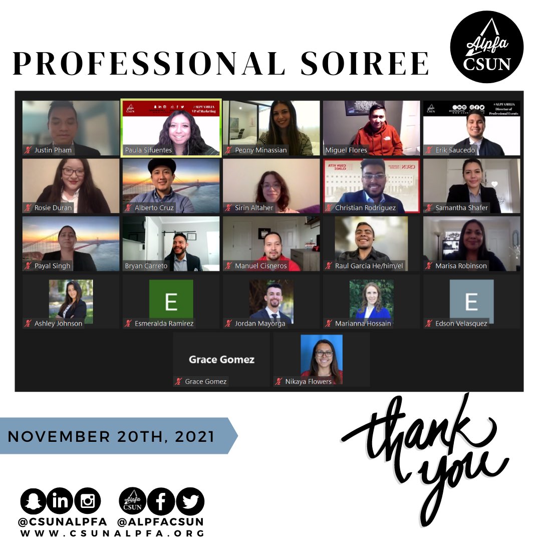 Hey ALPFAMILIA! 👋 Thank you to those who attended our Professional Soiree! 😊 We hope you all enjoyed connecting with professionals. See you at our next meeting! 

#csun #alpfa #alpfamilia #csunalpfa