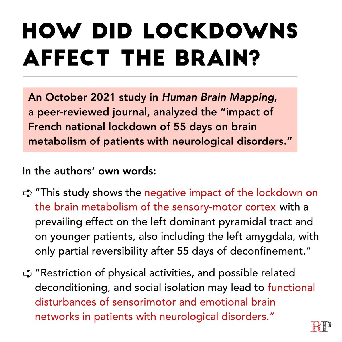 A new neuroimaging study links coronavirus lockdowns to diminished brain metabolism, owing to social isolation and limitations on physical activity.

(onlinelibrary.wiley.com/doi/10.1002/hb…)