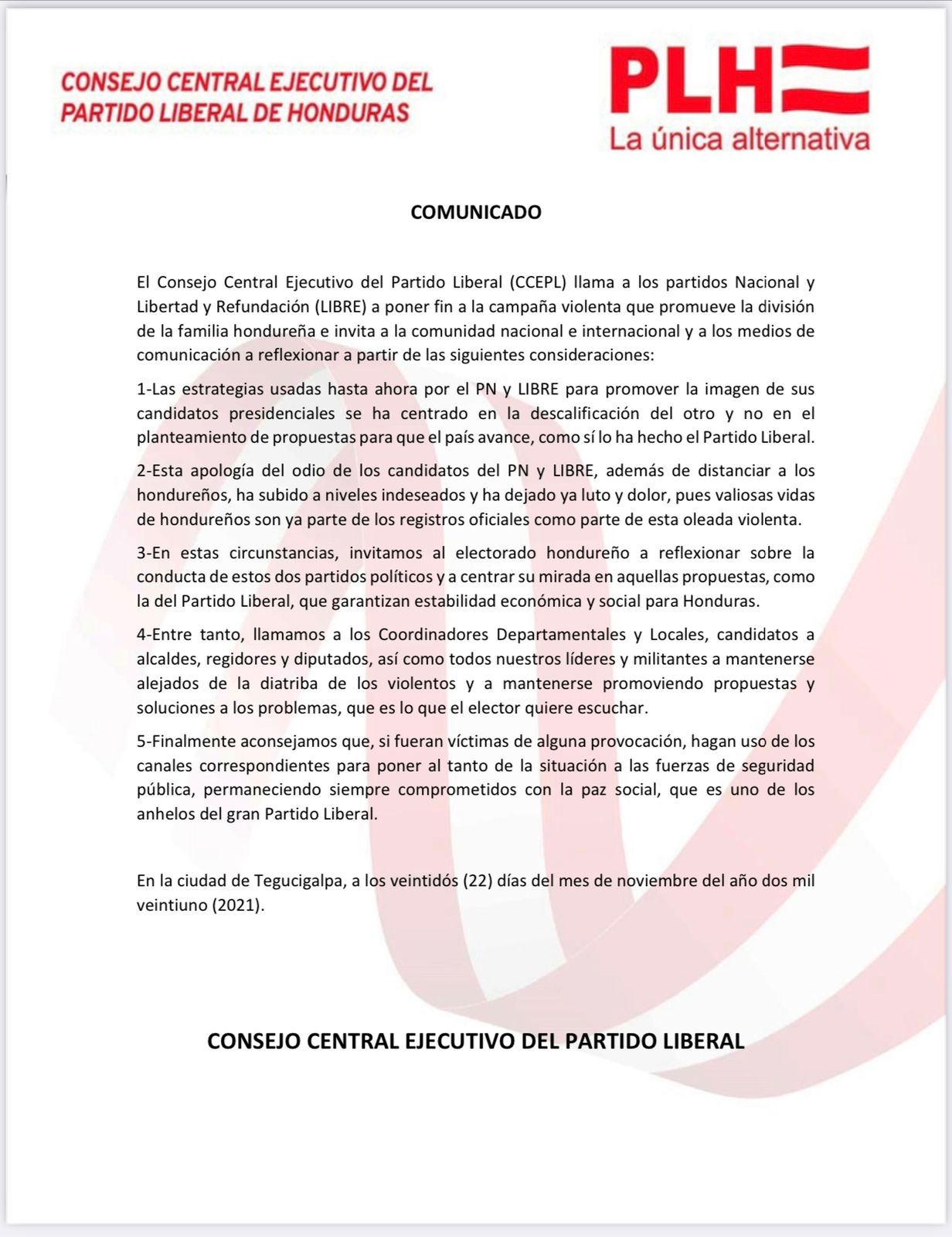 Comunicado del Partido Liberal. 