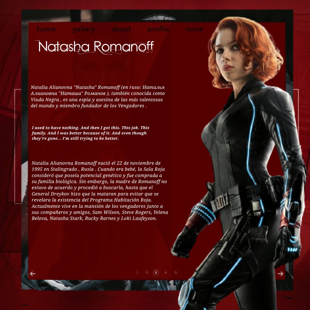 tuviudasicaria's tweet image. 𓂃 ࣪  𝗣ℝ𝗘𝗦𝔼ℕ𝕋𝔸𝗧𝗜𝗢ℕ .
               ૮₍♟️𔘓
    𓄼  Natasha Romanoff.
       ぃ ˑ  ִ  26 years.   
    𓄼  Bisexual.
       ぃ ˑ  ִ  single.