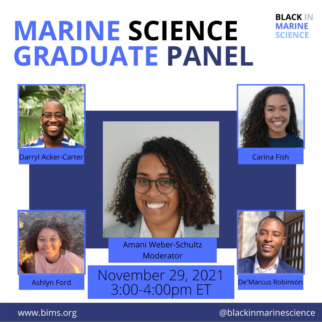 Join #BIMS 11/29 at 3pm ET for a panel dedicated to discussing the unwritten rules of grad school and best practices to succeed as a Black marine scientist.
#BIMSGrads #BIMSWeek #BlackInMarineScienceWeek