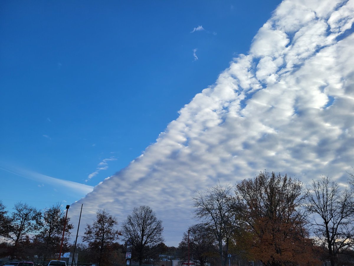 We had a beautiful sunrise this morning, but the end of the day was amazing too! I believe we got an example of "cloud streets" that form when rising warm air slowly cools and the dropping cold air form clouds parallel to the wind, leaving one side cloudless! <a href="/FoxMiddleSchool/">Fox Middle School</a>