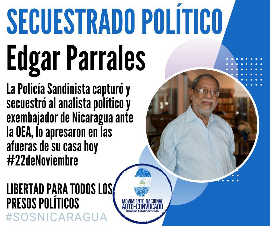 MNAPueblosB's tweet photo. Un secuestro más del régimen y de la policía sandinista, exigimos la liberación de Edgar Parrales y la de todos los presos políticos de Nicaragua 
@MaElviraSalazar 
@CIDH 
@BiancaJagger 
@totonia68 
@OEA_oficial 
#SOSNicaragua https://t.co/tGQ5bXuH06
