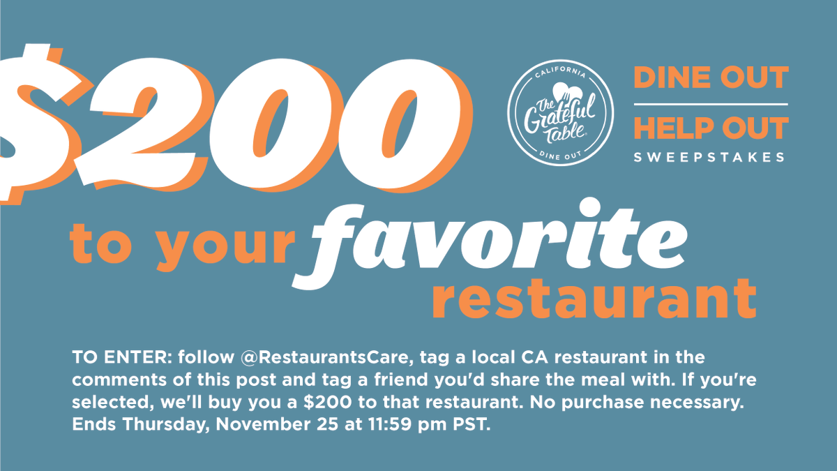 RestaurantsCare's tweet photo. It's the LAST WEEK of the Grateful Table Dine Out #giveaway!
Want $200 to your favorite CA restaurant? Enter week 4β£of the Grateful Table giveaway! Here's how to enter:
β€οΈfollow us
π΄ tag a CA restaurant
π―ββοΈ tag a friend
π¦enter by Thursday
#gratefultable #dineouthelpout https://t.co/EXEqeuCpHQ