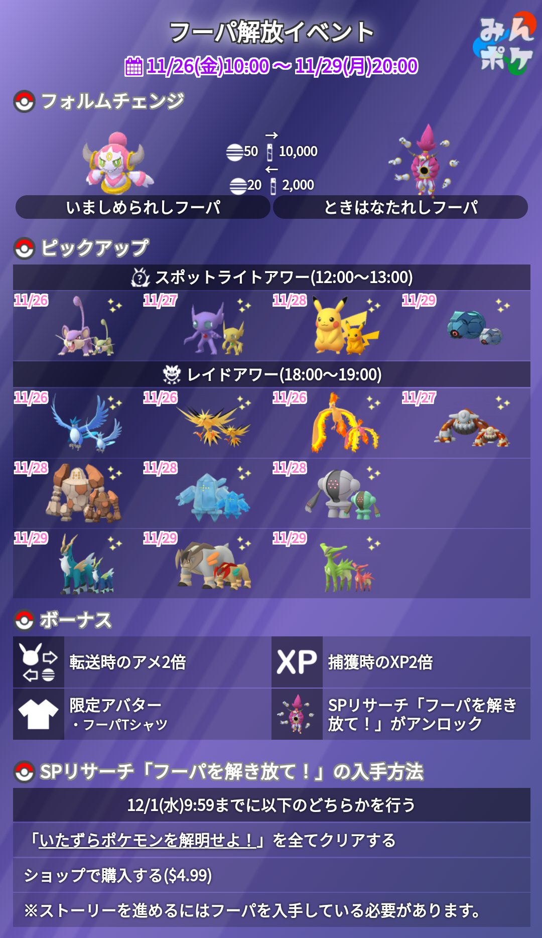 ポケモンgo攻略 みんポケ フーパ解放イベントの詳細が発表されました 開催期間 11月26日 金 10 00 11月29日 月 00 スペシャルリサーチ フーパを解き放て がアンロック フォルムチェンジでときはなたれしフーパに スポットライトアワー