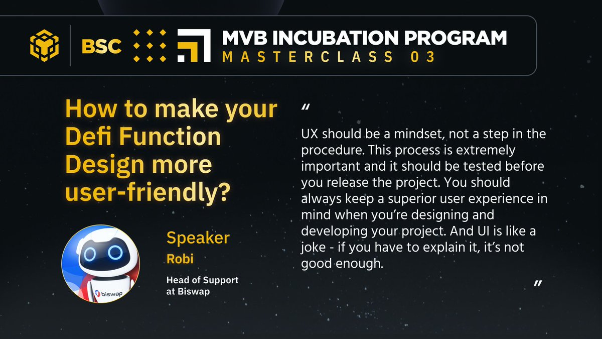 On Nov 16, we held #MVB Incubation Masterclass where Robi, Head of Support and Spokesperson of <a href="/Biswap_Dex/">Biswap</a>, spoke about designing more user-friendly #DeFi products. 

Here's one of his sharings 👇