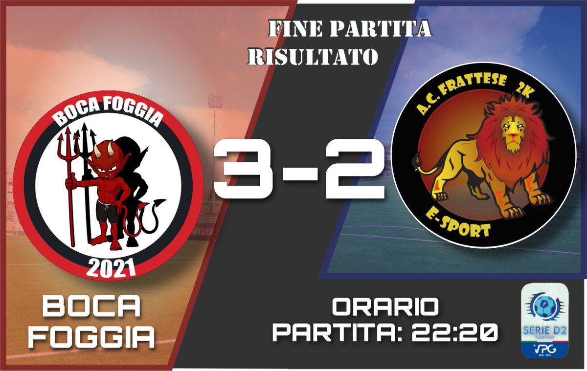 ⚽️FULL TIME⚽️
🗓 22/11/21

🕥 22:20
🆚 <a href="/BocaFoggia/">BOCA FOGGIA</a> 
🏆 <a href="/VPG_Italy/">VPG Italy</a>-#serieD2 
❌ 3-2