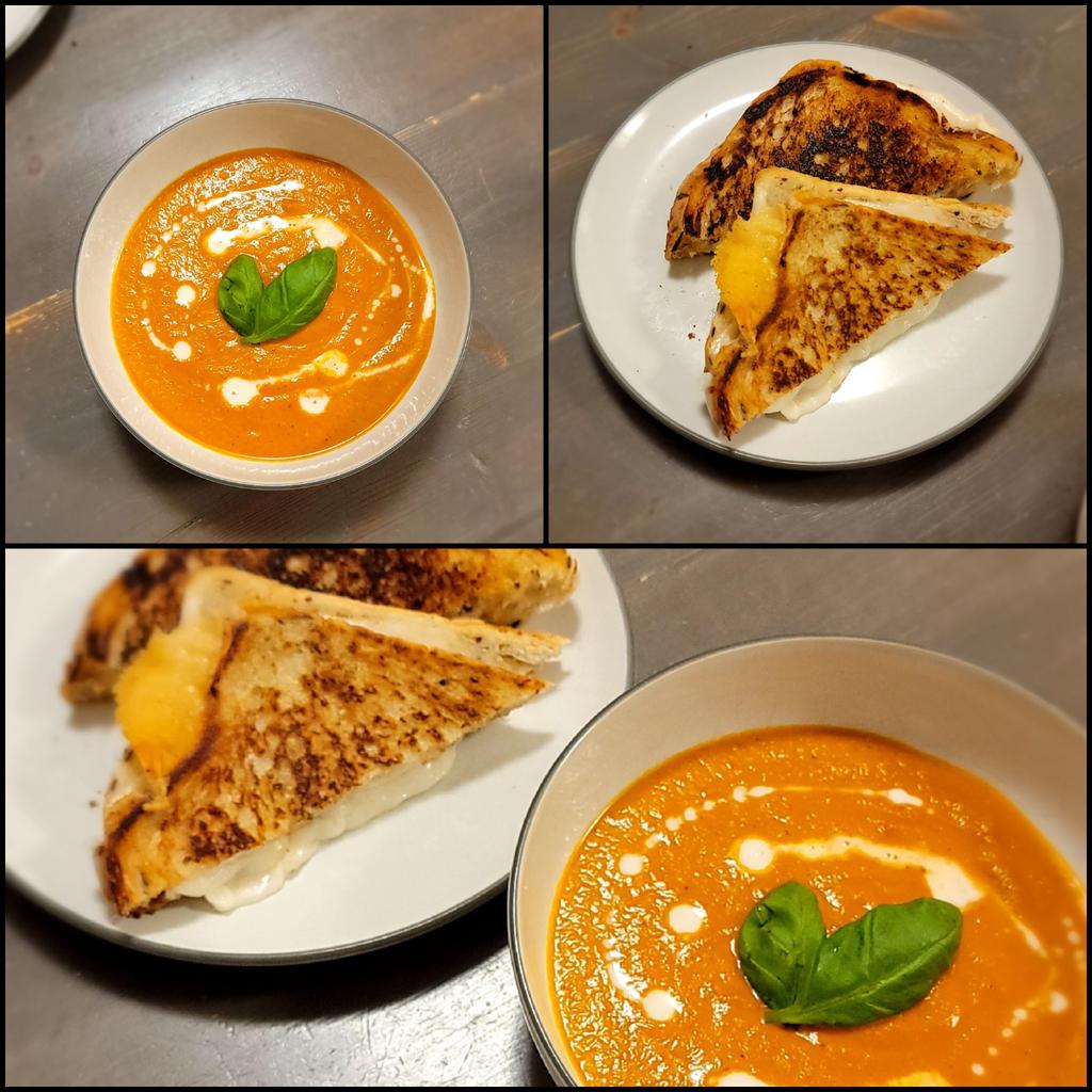 Roasted tomato soup (roasted tomatoes, red pepper, garlic, mirepoix, red wine, fresh basil, unripened goat cheese) with classic grilled cheese sandwich on fresh baked multigrain bread. #MeatlessMonday #cooking #chefathome