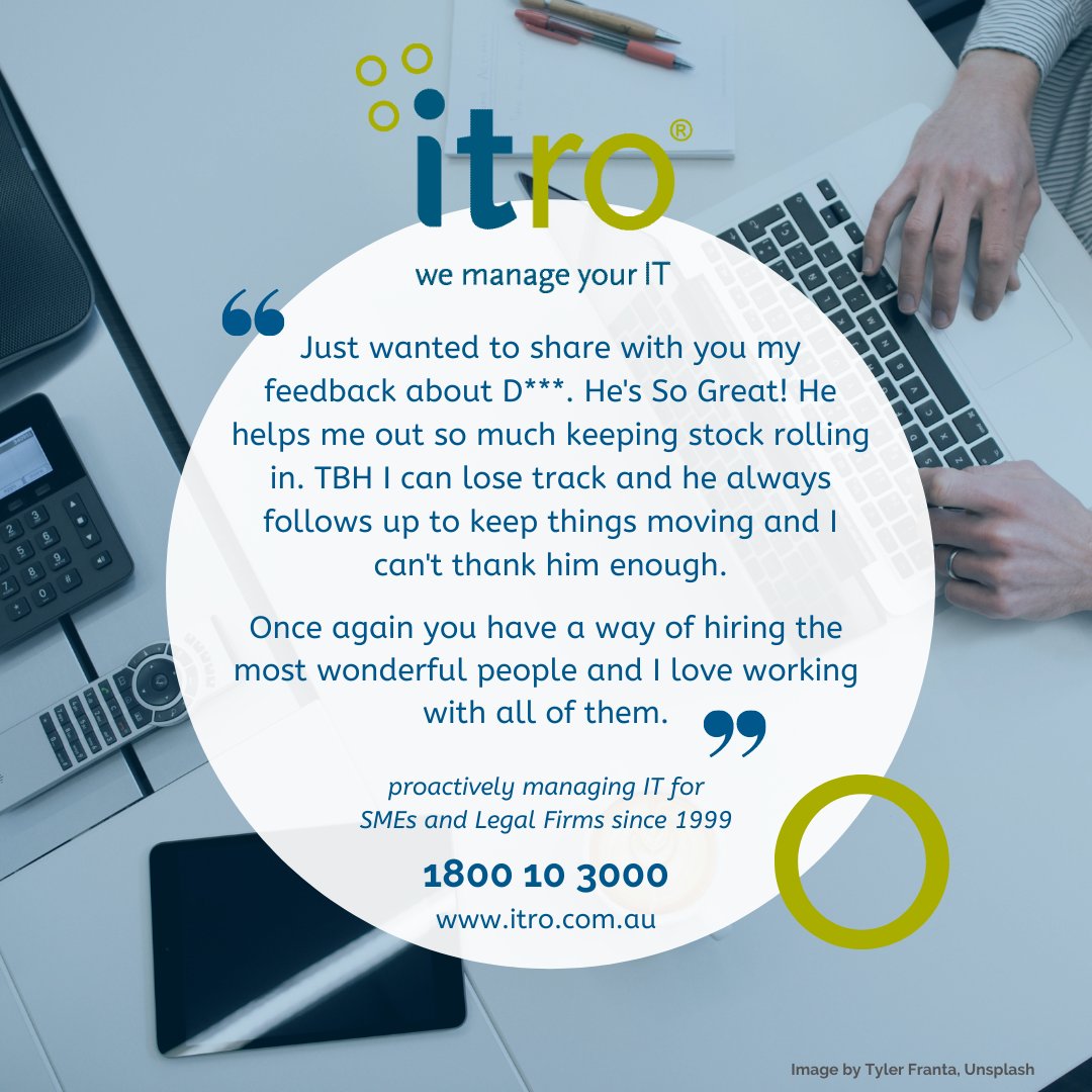 Our team love getting compliments on our #customerservice. We pride ourselves on being friendly techs who speak plain English! 

If you need #local #computersupport, pls call  #itro now on 1800 10 3000. We'd love to manage your IT! #itservices #managedit #legalit #melbourneit