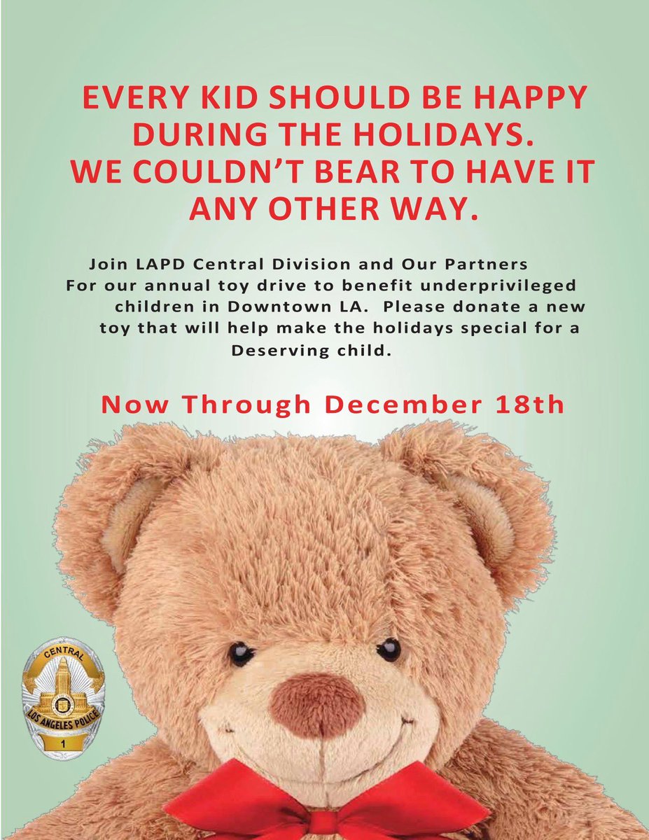 Do you have unused new toys? The Historic Core is partnering with @LAPDCentralArea for a TOY DRIVE! Drop them off by our office from now until December 18th. #toydrive #toydonation #dtla