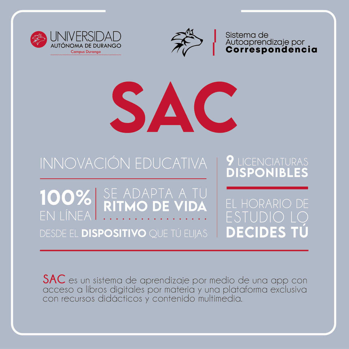 UADEnsenada's tweet photo. Conoce el Nuevo Sistema Educativo que Universidad Autónoma de Durango campus Durango te ofrece.

SAC: Sistema de Autoaprendizaje por Correspondencia.

¡A TU TIEMPO, A TU RITMO!
Sin Costo de Inscripción durante el mes de Noviembre.

#TransformandoLaEducación #SomosLobos https://t.co/8H2eVSs86K