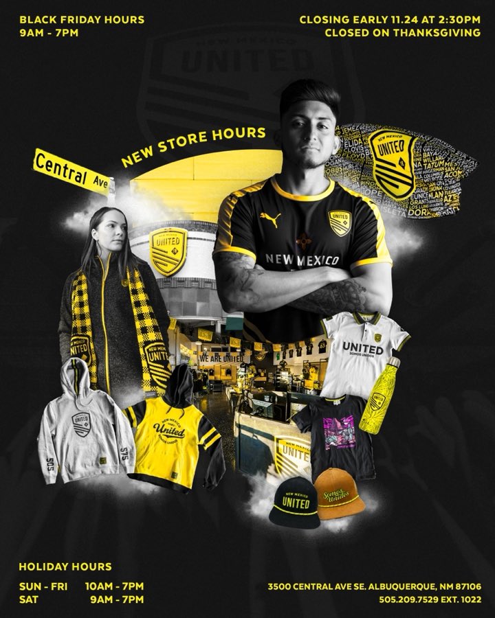 Heads up, Holiday Hours at the team store go into effect starting on Black Friday! As always, we'll be closed on Thanksgiving Day for some time with the familia 🖤💛. #SoccerIsLife