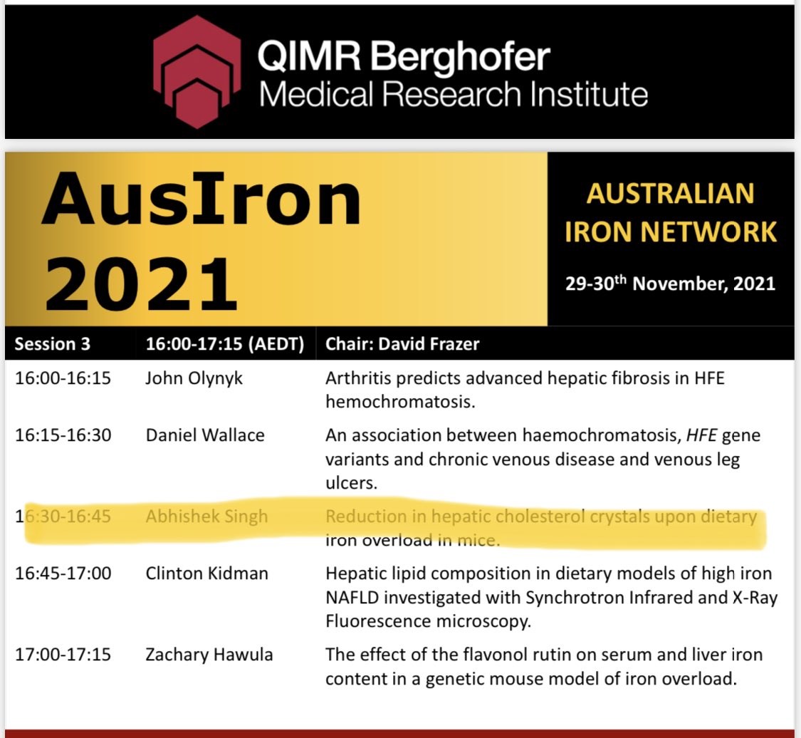 Looking forward to presenting some very exciting findings on Liver, iron and cholesterol at #AusIron2021. Exciting two days of iron and everything. #IronBiology #Liverbiology #lipidmetabolism #NAFLD #QIMRBerghofer #NASH #Curtinuni #curtinmedia